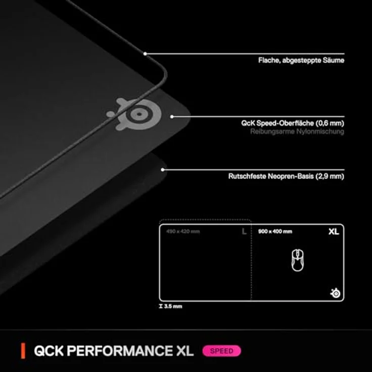 SteelSeries QcK Performance Speed XL Mauspad - Schwarz, Ultra-glatte Oberfläche, Rutschfeste Basis, 900 x 400 mm – Bild 7
