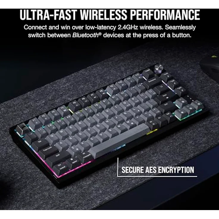 Corsair K65 Plus Wireless 75% RGB Mechanische Gaming-Tastatur – Vorgeschmierte MLX Red Linear Switches – PBT-Sublimation-Keycap – iCUE Kompatibel – PC, PS5, PS4, Xbox – QWERTY NA – Schwarz/Grau – Bild 5