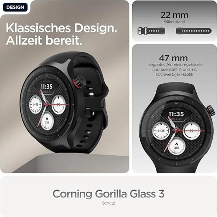 Brodos Motorola Moto Watch, 1,43" OLED-Display, IP68, 13 Tage Akkulaufzeit, BT 5.3, 512 MB, Volcanic Ash, inkl. Silicon-Armband und Ladestation – Bild 2