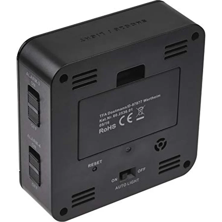 TFA Dostmann Funk-Wecker, mit 4 Weckzeiten,60.2536.01, Anzeige des Datums und Innentemperatur, 9,2 x 9,2 x 3,2 cm, schwarz, Kunstoff – Bild 3