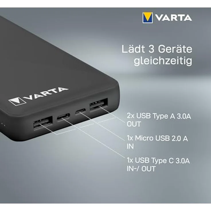 VARTA Power Bank 20000mAh, Powerbank Power on Demand mit 4 Anschlüssen (1x Micro USB, 2x USB A, 1x USB C), kompatibel mit Tablets & Smartphone, in umweltschonender Verpackung – Bild 5