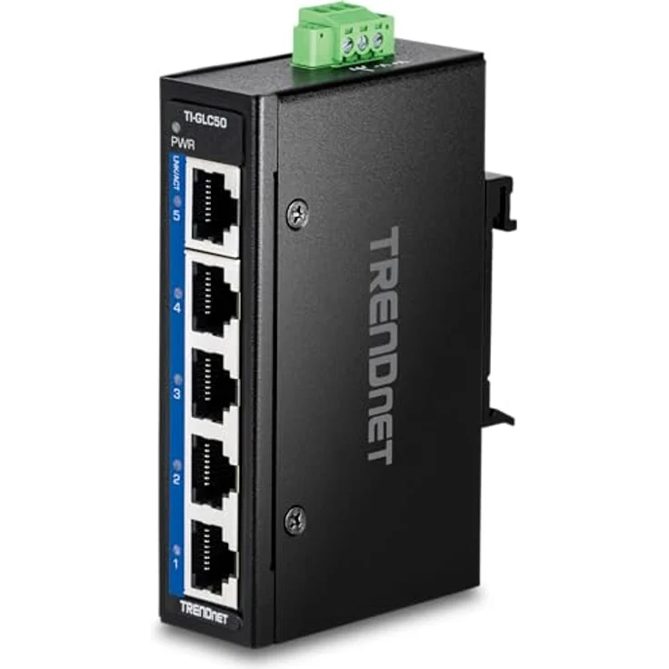 TRENDnet 5-Port Industrial Gigabit DIN-Rail Mini Switch, TI-GLC50, Extreme Temperatur IP30, 10Gbps Switch-Kapazität, Schwarz – Bild 1