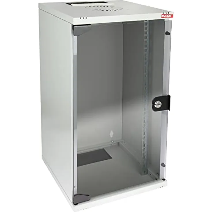 HMF 63412-07 Netzwerkschrank, Serverschrank 10 Zoll | 12 HE | 300 mm Tiefe | Voll montiert | Glastür | Lichtgrau