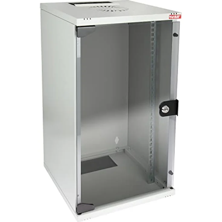 HMF 63412-07 Netzwerkschrank, Serverschrank 10 Zoll | 12 HE | 300 mm Tiefe | Voll montiert | Glastür | Lichtgrau – Bild 1