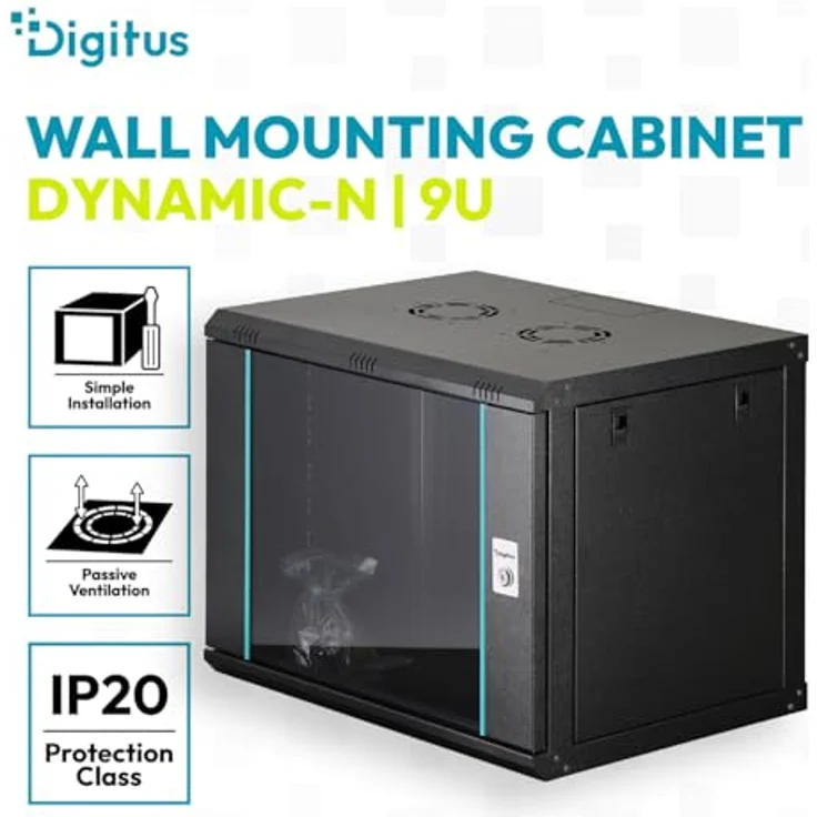 DIGITUS Netzwerkschrank 19-Zoll Rack 9HE, unmontiert, 450 mm tief, Wandmontage, 60 kg Traglast, schwarze Glastür, Dynamic-N Serie – Bild 2