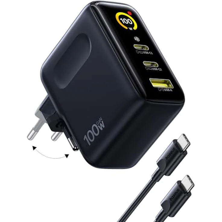Baseus Picogo 100W USB C Ladegerät, 3-in-1 Schnellladegerät mit Smart Display, Touch Control und GaN Technologie, kompakt und faltbar, kompatibel mit MacBook, iPhone 17/16/15/14, Samsung, Pixel und mehr – Bild 1