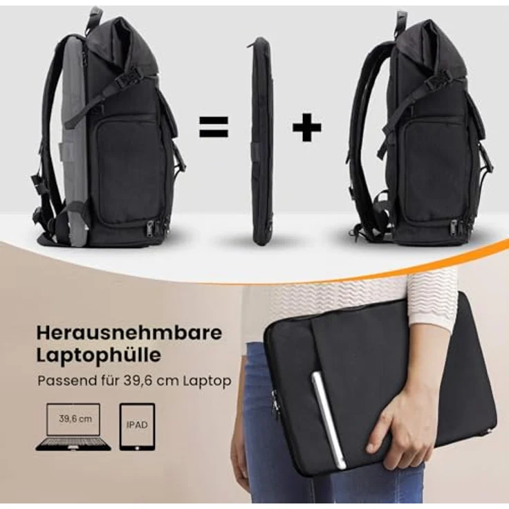 TARION SP-01, Wasserdichter Kamerarucksack mit 15,6 Zoll Laptophülle, großem Volumen und seitlichem Zugriff, schwarz – Bild 2