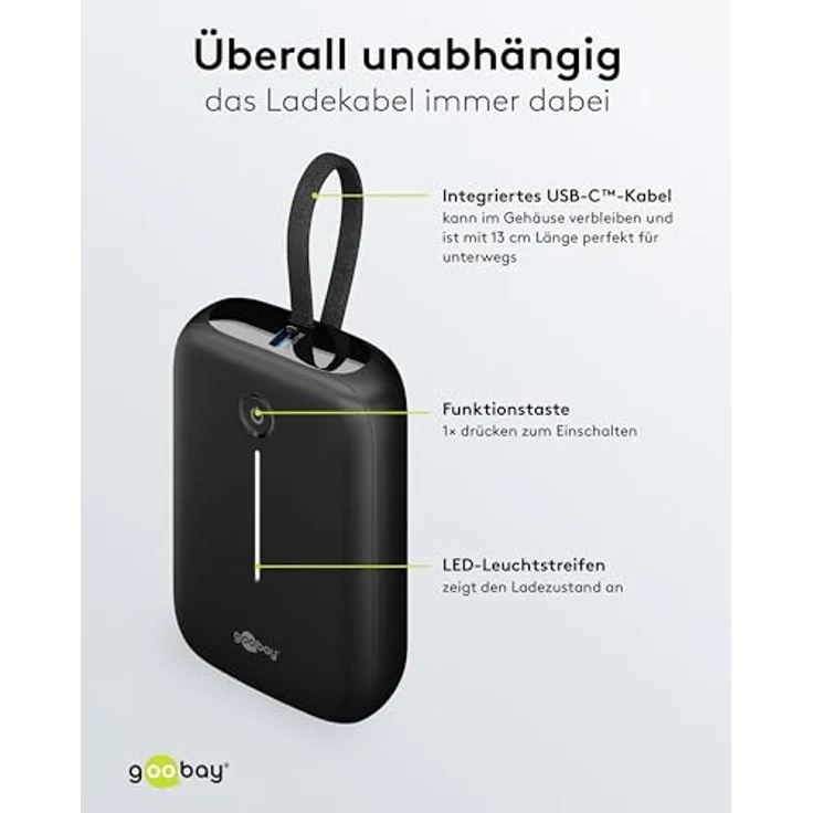 goobay Powerbank 10.000 mAh, mit integriertem USB-C Kabel, Quick Charge/Power Delivery, 2x USB-C und 1x USB-A, kompatibel mit Samsung, Xiaomi, Lenovo, Huawei, Apple iPhone und iPad, 76251 – Bild 5