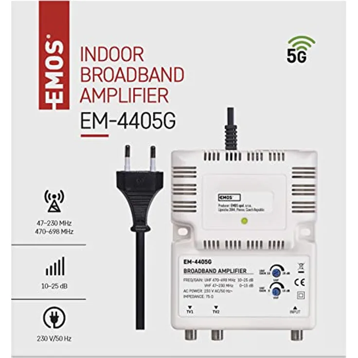 EMOS Breitband-Verstärker 25 dB, Signalverstärker für DVB-T2 und Kabelfernsehen, Frequenzbereich 47–230 MHz, 470–698 MHz, 1 Eingang, 2 Ausgänge, 10,5 x 13,5 x 4 cm