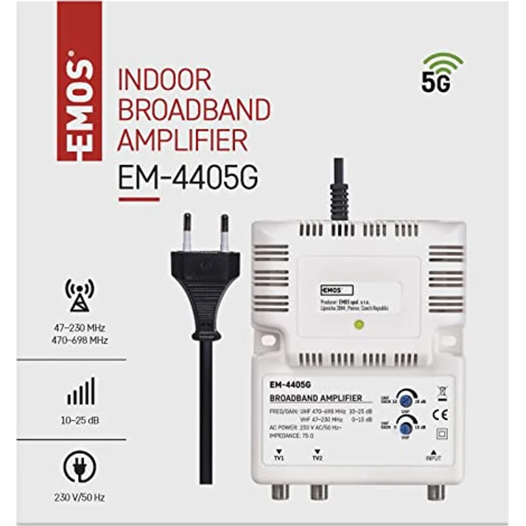 EMOS Breitband-Verstärker 25 dB, Signalverstärker für DVB-T2 und Kabelfernsehen, Frequenzbereich 47–230 MHz, 470–698 MHz, 1 Eingang, 2 Ausgänge, 10,5 x 13,5 x 4 cm – Bild 1