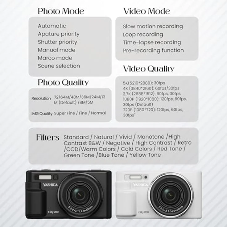 Yashica City 200, Kompaktkamera mit 13-72 MP und 5K Videoaufnahme, schwarz – Bild 4