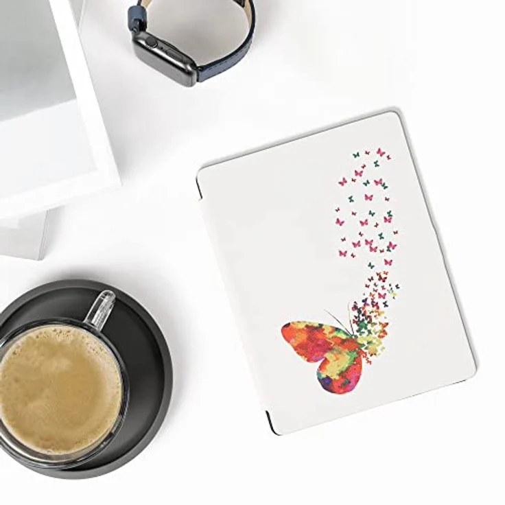 kwmobile Klapphülle für Kobo Aura H2O Edition 2, eReader Case in Mehrfarbig Pink Weiß mit Schmetterling Design, Kunstleder mit Magnetverschluss – Bild 2