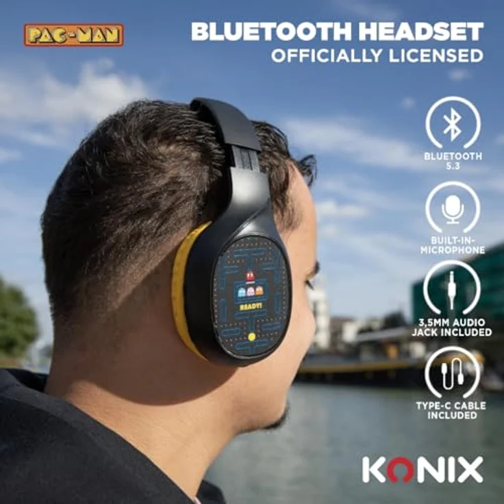 Konix Pac-Man Kabellose Bluetooth 5.3-Kopfhörer – 30 Stunden Akkulaufzeit – 3,5-mm-Klinkenkabel – Schwarz und Gelb – Bild 3