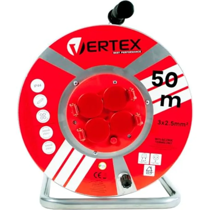 VERTEX PB50METAL Verlängerungskabel 50 m, 3x2,5 mm, 3000 W, IP44, schwarz, mit 4 Schuko-Steckdosen und Thermosicherung