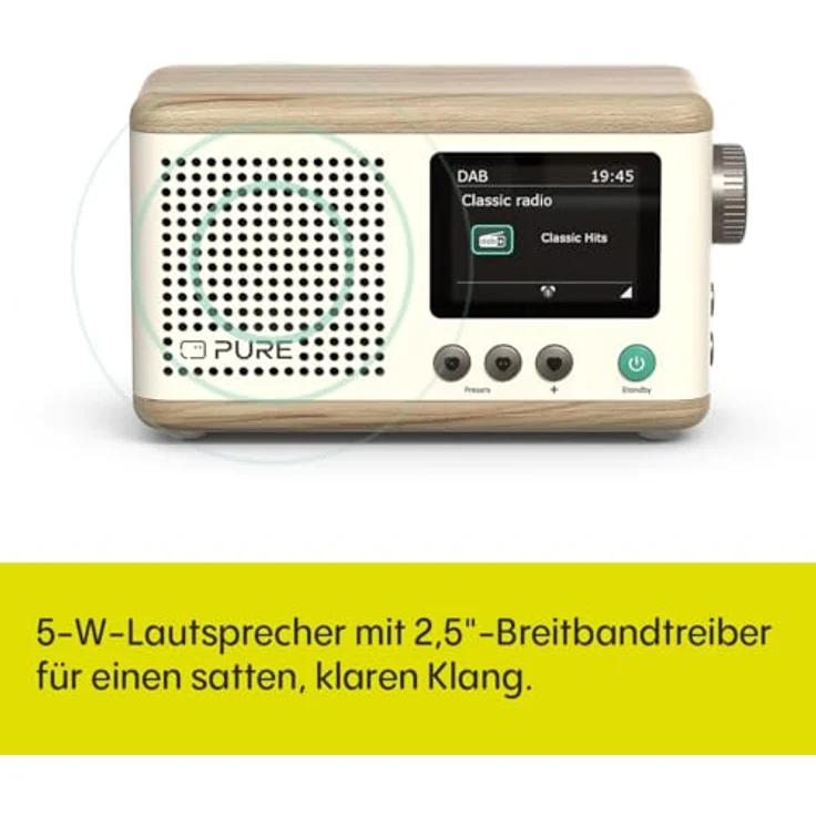 Pure Classic Mini Tragbares Digitalradio – DAB+ & UKW-Radio – Bluetooth 5.3 – 15 Stunden Akkulaufzeit – 2 Equalizer-Optionen – 2,4 Zoll Farbdisplay – Trageband – Baumwoll-Weiß/Eiche – Kompakt & leicht – Bild 4