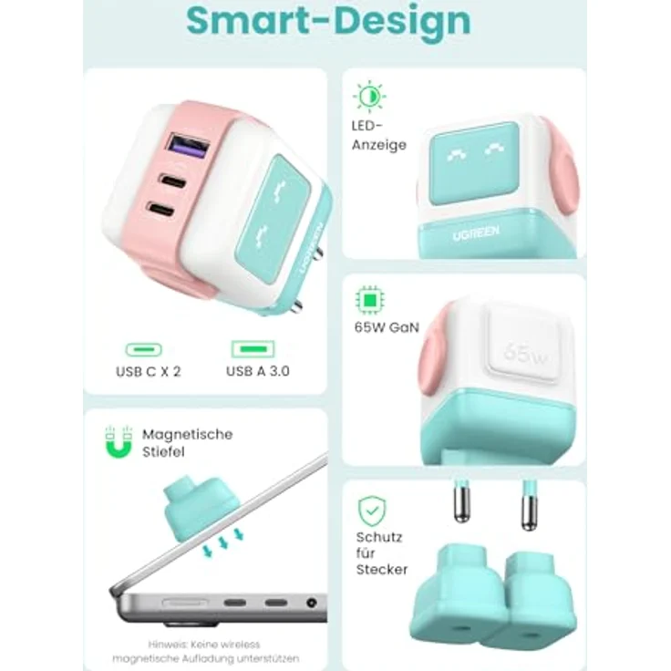 Ugreen Ug35855, GaN Fast 65W USB-A & USB-C Wandladegerät mit LED-Anzeige, Roboterdesign – Bild 2