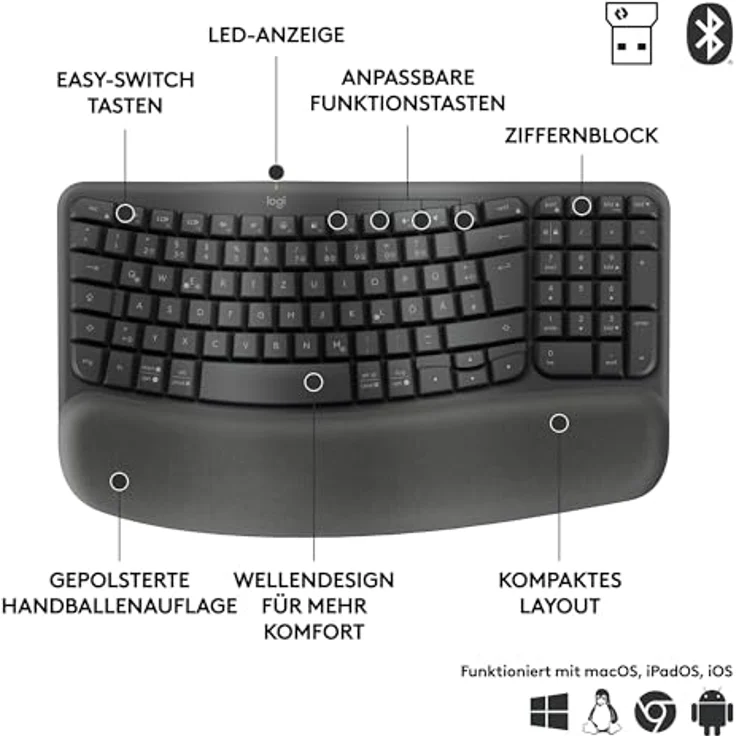 Logitech Wave Keys for Business, kabellose ergonomische Tastatur mit gepolsterter Handballenauflage, sichere Logi Bolt Technologie, Bluetooth, kompatibel mit Windows/Mac/Chrome/Linux – Grafit – Bild 5