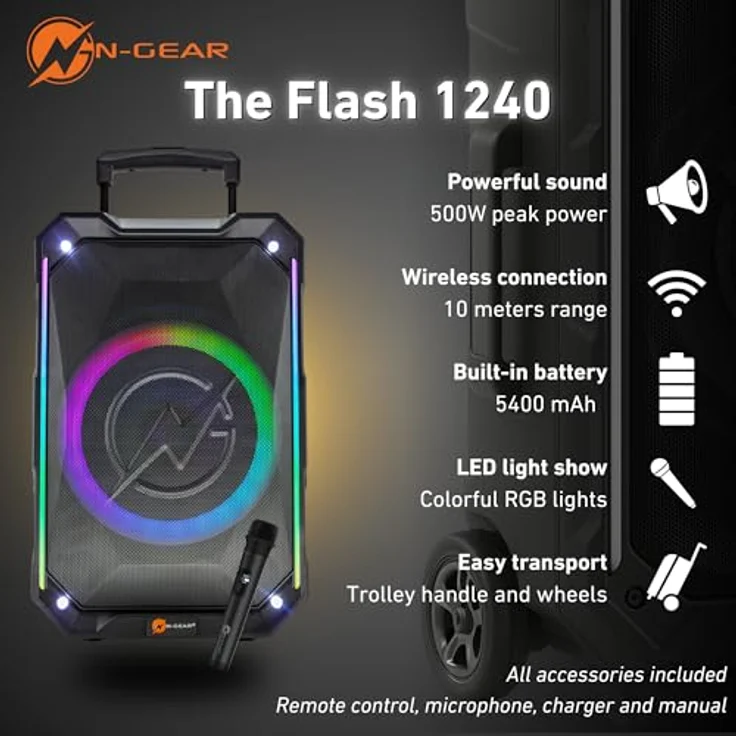 N-Gear The Flash 1240, Bluetooth Lautsprecher mit 500 Watt, 12-Zoll-Woofer, 6 Stunden Akkulaufzeit, LED-Lichtshow und Karaoke-Mikrofon – Bild 6