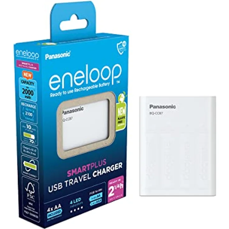 Panasonic eneloop SmartPlus USB Travel Ladegerät für 1–4 AA/AAA NI-MH-Akkus, mit USB-Anschluss, 10 Sicherheitsfunktionen, inkl. 4 eneloop AA/Mignon-Akkus, verbesserte Kapazität von min. 2000 mAh, blue