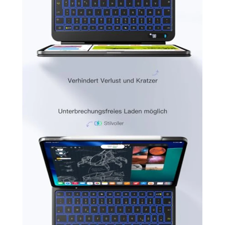 Inateck KB903 Magnetische Tastatur für iPad 11 Gen 2025 A16/10 Gen, Großes Trackpad, LED Anzeige, 7-farbig hinterleuchtet, QWERTZ, mit unsichtbarem Stifthalter – Bild 8