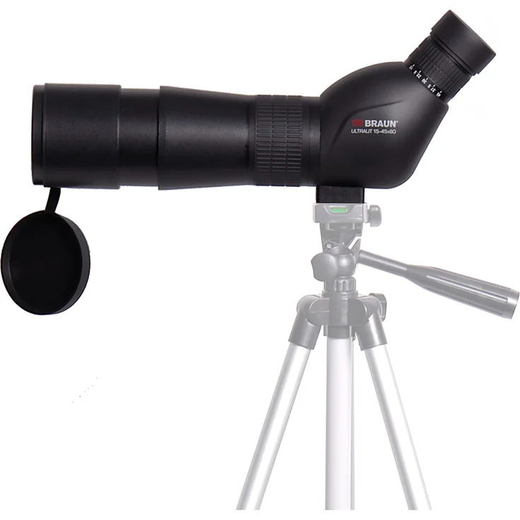 Braun Photo Ultralit® Spektiv 15-45x60, Teleskop mit 45-facher Vergrößerung, Gummiarmierung, 650 g, inklusive Tasche und Reinigungstuch