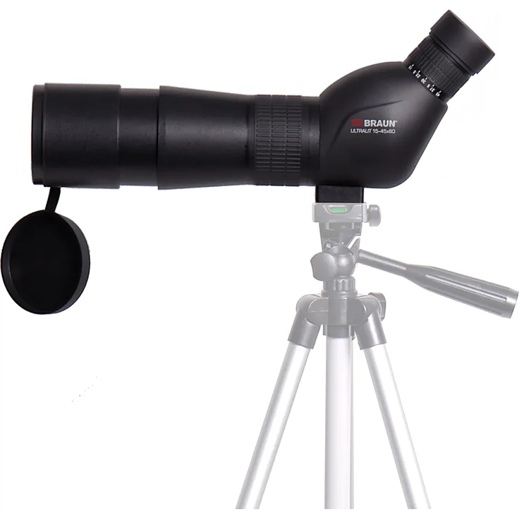 Braun Photo Ultralit® Spektiv 15-45x60, Teleskop mit 45-facher Vergrößerung, Gummiarmierung, 650 g, inklusive Tasche und Reinigungstuch