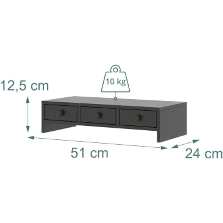 relaxdays Monitorständer mit 3 Schubladen, ergonomische Bildschirmerhöhung für Büro und Home Office, schwarz – Bild 4
