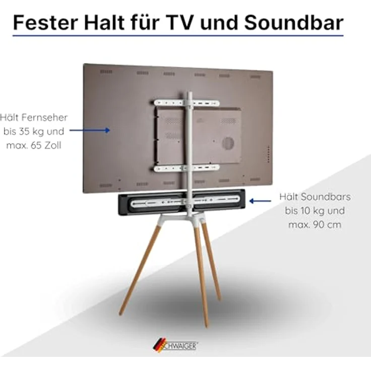 SCHWAIGER 658217 TV Ständer Staffelei Holz Bodenstativ Halterung für Flachbildschirme bis 65 Zoll max. 35kg mit Soundbarhalter weiß/Nussbaum echtes Holz Luxus Premium – Bild 3