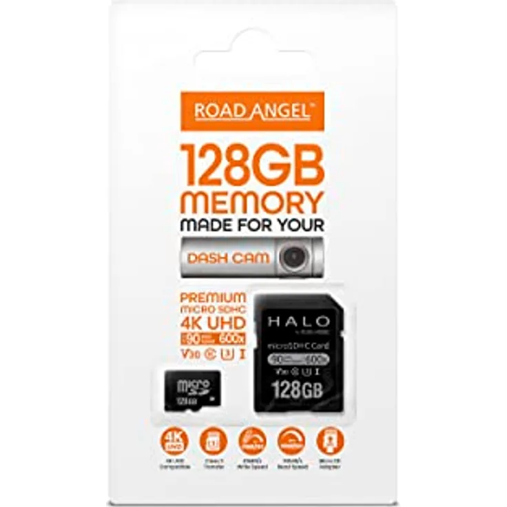 Road Angel, 128GB SD-Karte, hergestellt für Dashcams, geeignet für alle Arten von Smartphones und elektronischen Geräten, Class 3 Transfer, Micro-SD-Adapter - Schwarz