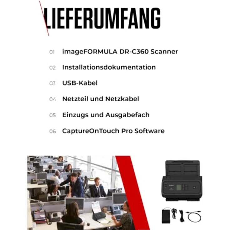Canon DR-C360, Kompakter A4 Dokumentenscanner mit 60ppm, Duplex-Scanning, 100 Blatt ADF, USB-C 3.2 – Bild 7