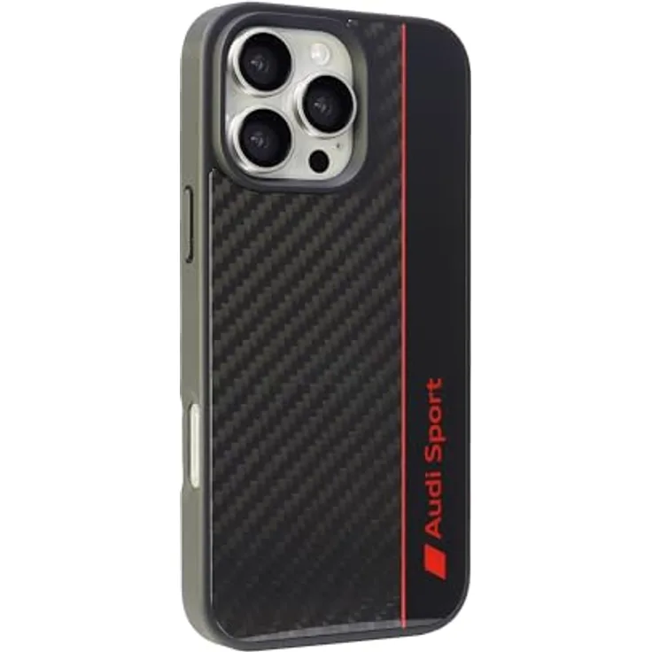 Audi Sport Handyhülle für iPhone 16 Pro Max, Stoßabsorbierende Carbon-Hülle mit präzisen Aussparungen, Schwarz mit roten Details