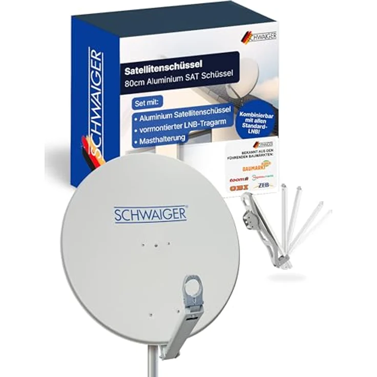 SCHWAIGER Satellitenschüssel Ø 80 cm Aluminium Offset Antenne, hellgrau, Multifeed geeignet, wetterfest, maximale Empfangsleistung 38,5 dB – Bild 1