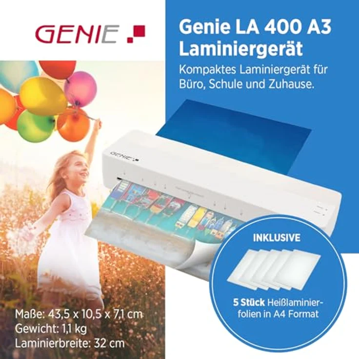 GENIE LA 400 A3, Heißlaminiergerät mit 2 Heizrollen, für A3 und A4, inkl. 5 Laminierfolien, schnelles Heizsystem, für Schule, Büro & Home-Office – Bild 2