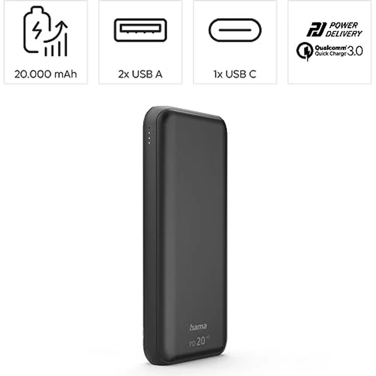 Hama Power Pack ''PD20-HD'' 20000mAh, 3 Ausgänge: 1x USB-C, 2x USB-A, Anthrazit – Bild 2