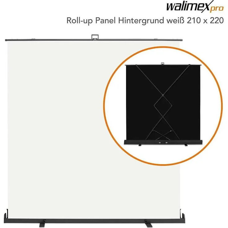 Walimex pro Roll-up Panel Hintergrund (220 cm, 210 cm), Hintergrundsystem, Weiss, extra grosse Standfläche und pneumatischer Spannmechanismus