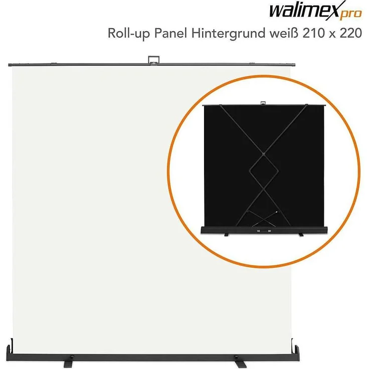 Walimex pro Roll-up Panel Hintergrund (220 cm, 210 cm), Hintergrundsystem, Weiss, extra grosse Standfläche und pneumatischer Spannmechanismus – Bild 1