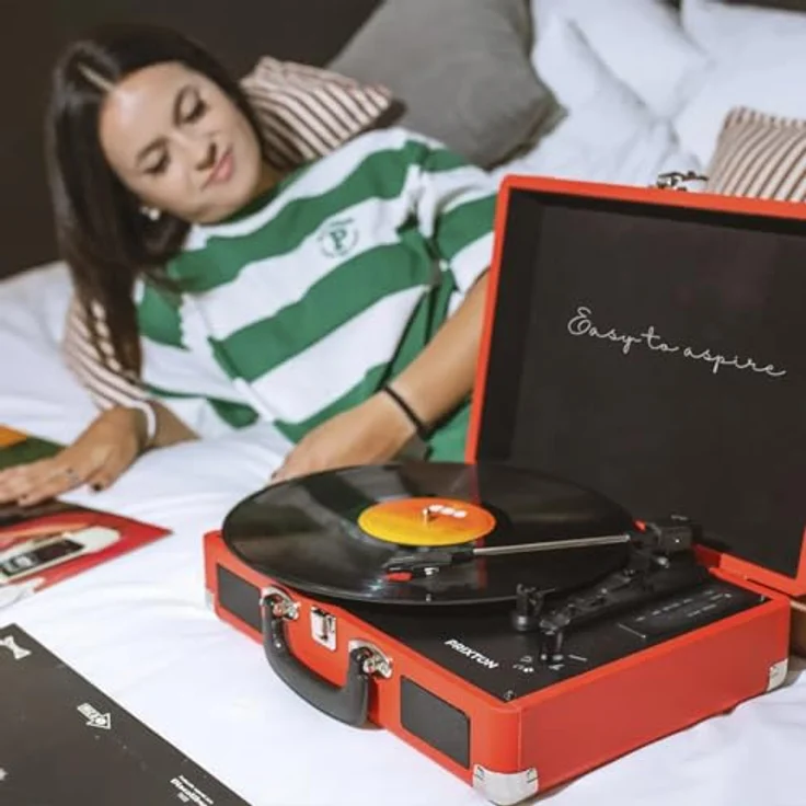 PRIXTON - Vintage Vinyl-Plattenspieler, Vinyl-Player und Musik-Player über Bluetooth und USB, 2 eingebaute Lautsprecher, Plattenspieler Koffer, Farbe Rot | VC400 – Bild 9