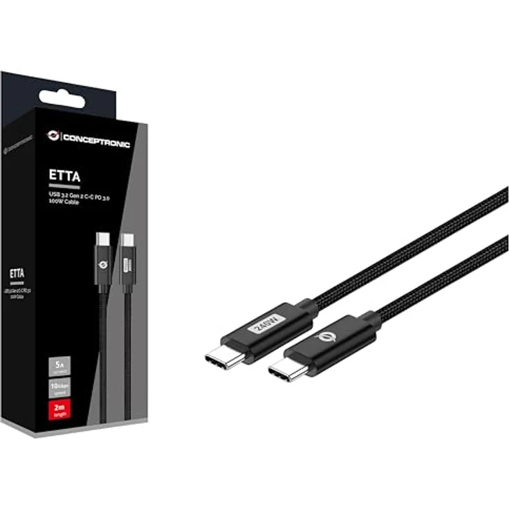 Conceptronic ETTA03B12, USB-C 3.1 Kabel (1,20 m) mit 5A und 480 Mbps, geflochten, schwarz – Bild 3