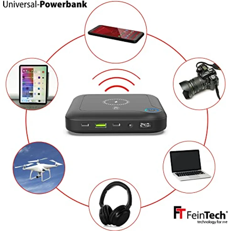 FeinTech PLG02400 Laptop Powerbank 60W PD USB-C und DC Anschluss 24000mAh, 10W Wireless Charging, schwarz – Bild 3