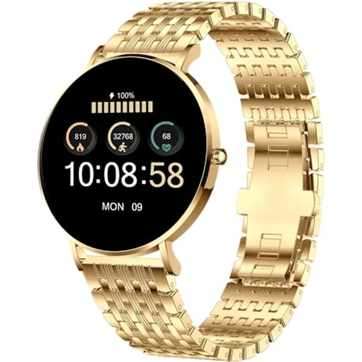 XCOAST SIONA 2 Elegance Gold Smartwatch - 1,3" AMOLED, Wasserdicht, Puls, Blutdruck, Blutsauerstoff, 21 Sportmodi, 7 Tage Akku, iOS&Android, Edelstahl