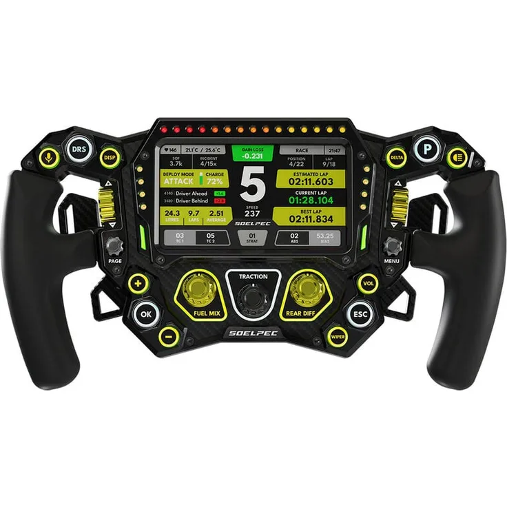 SOELPEC Spectra XR Lenkrad, hochwertiges Sim-Racing-Lenkrad mit USB-Anschluss, 302mm Durchmesser, 5-Zoll Touchscreen, Aluminiumgehäuse, ergonomische Silikongriffe, neon