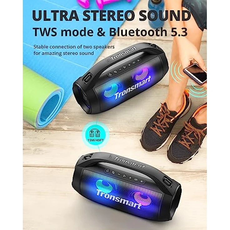 Tronsmart BANG SE Bluetooth Lautsprecher mit 3 Lichteffekten, 40W Tragbarer Outdoor Party-Lautsprecher mit IPX6 Wasserdicht, 24 Stunden Spielzeit, Bluetooth 5.3 mit Power Bank, Stereo Pairing, AUX, TF – Bild 4