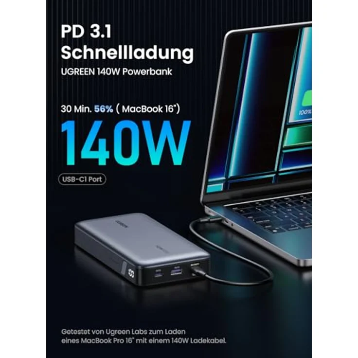 UGREEN Nexode 140W Power Bank 145W Max 25000mAh externer Akku mit 3 Anschlüsse USB C Powerbank mit Digitales Display, kompatibel mit MacBook Pro/Air, iPhone 15 Pro Max/Pro/15, Galaxy S23 Ultra, Dell – Bild 2