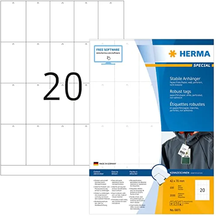 HERMA 6871 Stabile Anhänger DIN A4 (42 x 70 mm, 100 Blatt, Papier/Folie/Papier-Verbund) perforiert, bedruckbar, nicht klebende Preisanhänger, 2.000 Produktanhänger, weiß
