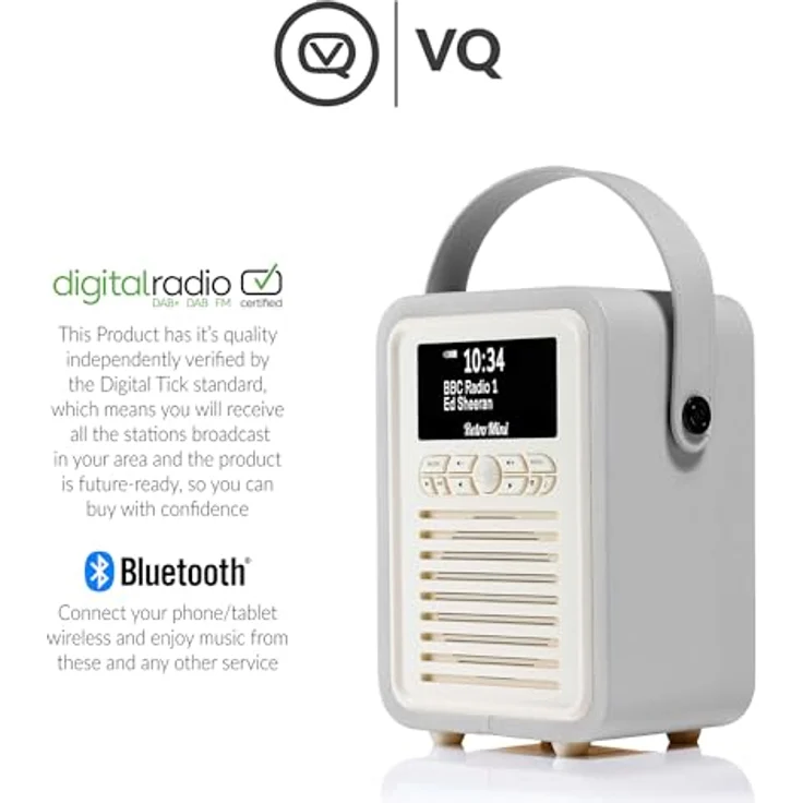 VQ Retro Mini DAB/DAB+ Digital- und FM-Radio mit Bluetooth und Weckfunktion - Hellgrau – Bild 6