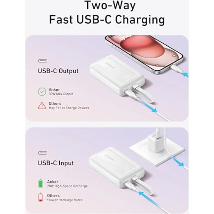 Anker Powerbank 10.000mAh, Zolo Power Bank 30W mit bi-direktionalem Schnellladen, integriertem USB-C Kabel, für iPhone 16/15 Modelle, MacBook, Galaxy, iPad, und mehr – Bild 5