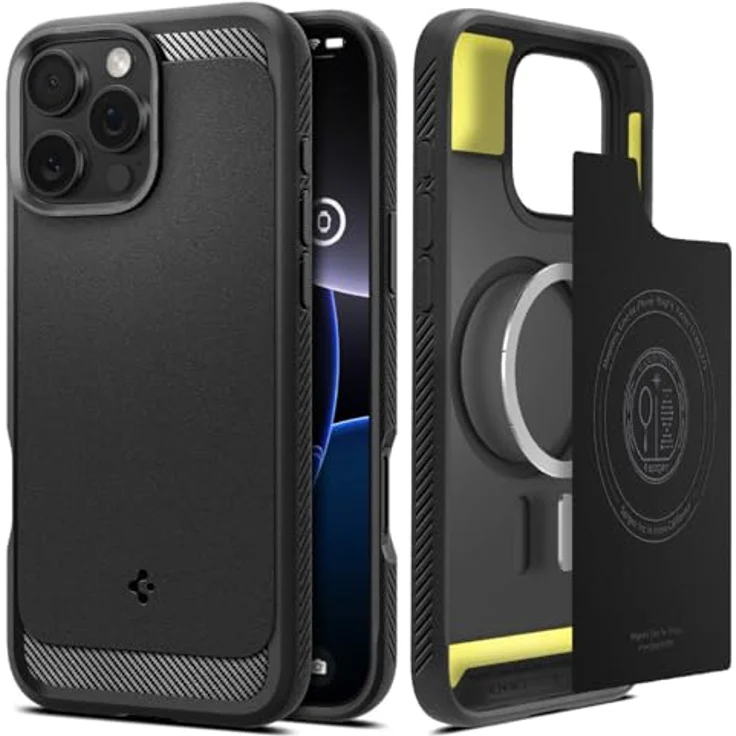 Spigen Rugged Armor MagFit Hülle für iPhone 16 Pro, Matte Black - Integriertes Magnet, Karbon Look, Air Cushion Technologie – Bild 1
