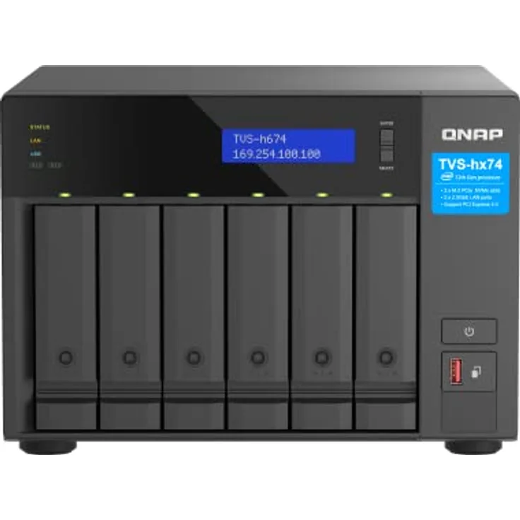 Qnap TVS-h674-i3-16G Intel Core i3 Prozessor, 16 GB RAM, PCIe Gen 4, Schwarz, 6 Bay