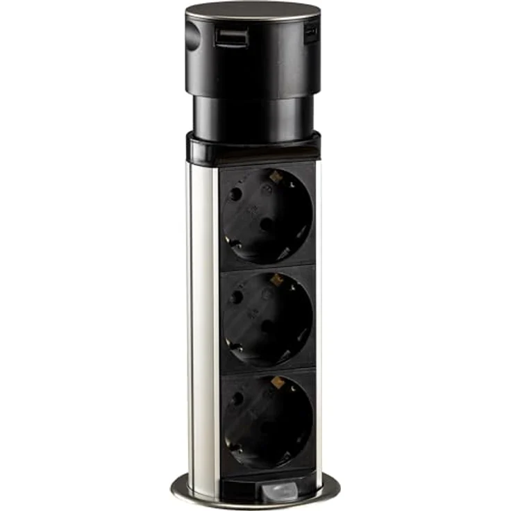 ChiliTec Versenkbare Einbausteckdose 3x Steckdose USB-A USB-C Edelstahl Rund Ladegerät Steckdosen für Schreibtisch Arbeitsplatte 230V mit 150cm Kabel Mehrfachsteckdose für Büro Küche Werkstatt Schwarz – Bild 5