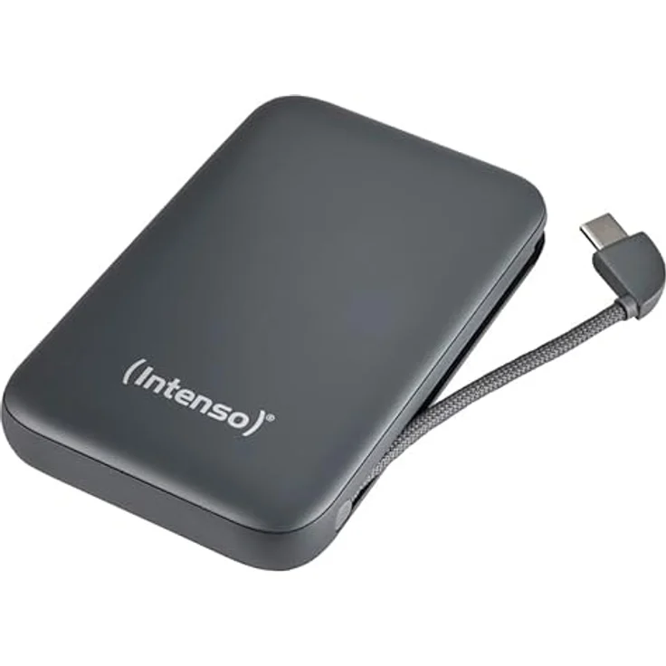 Intenso S10000 Lithium Polymer Powerbank mit 10.000 mAh, Grau, schnelle Ladeleistung bis 20 W, integriertes USB-C-Kabel, LCD-Anzeige – Bild 1